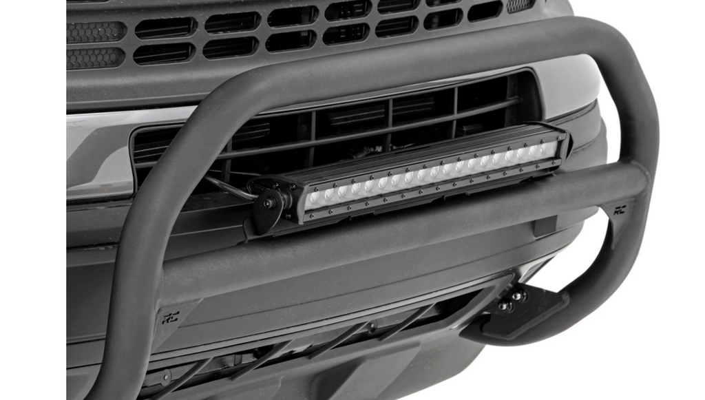 Nudge Bar for Ford Bronco Sport 20+ by Rough Country with LED light detail, enhancing front-end protection and outdoor style.