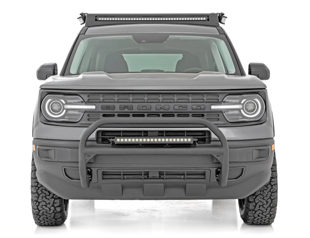 Ford Bronco Sport with Rough Country Nudge Bar frontal view, featuring enhanced off-road protection and style.